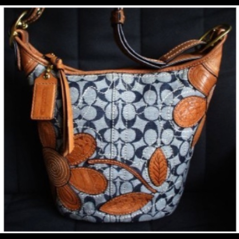 Coach denim duffel bag, whiskey leather, flowered